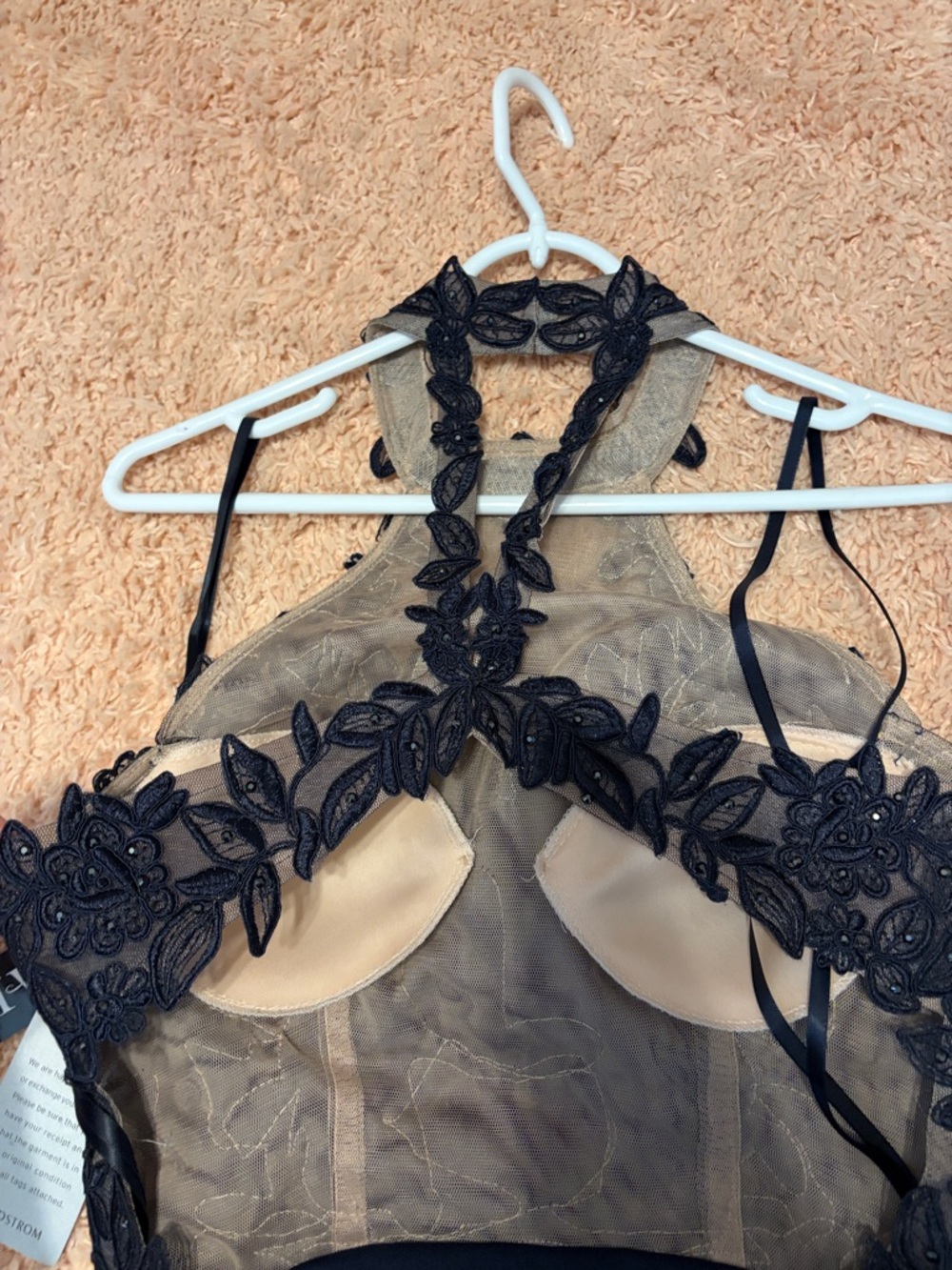 XSCAPE navy halter open back full length lace appliqué beaded prom evening gown - Picture 14 of 17